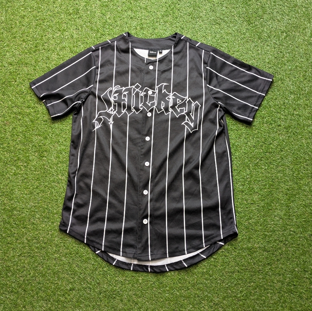 Disney Baseball Jersey Mens Small Black Mesh Mickey Mouse Pinstripe Button Front